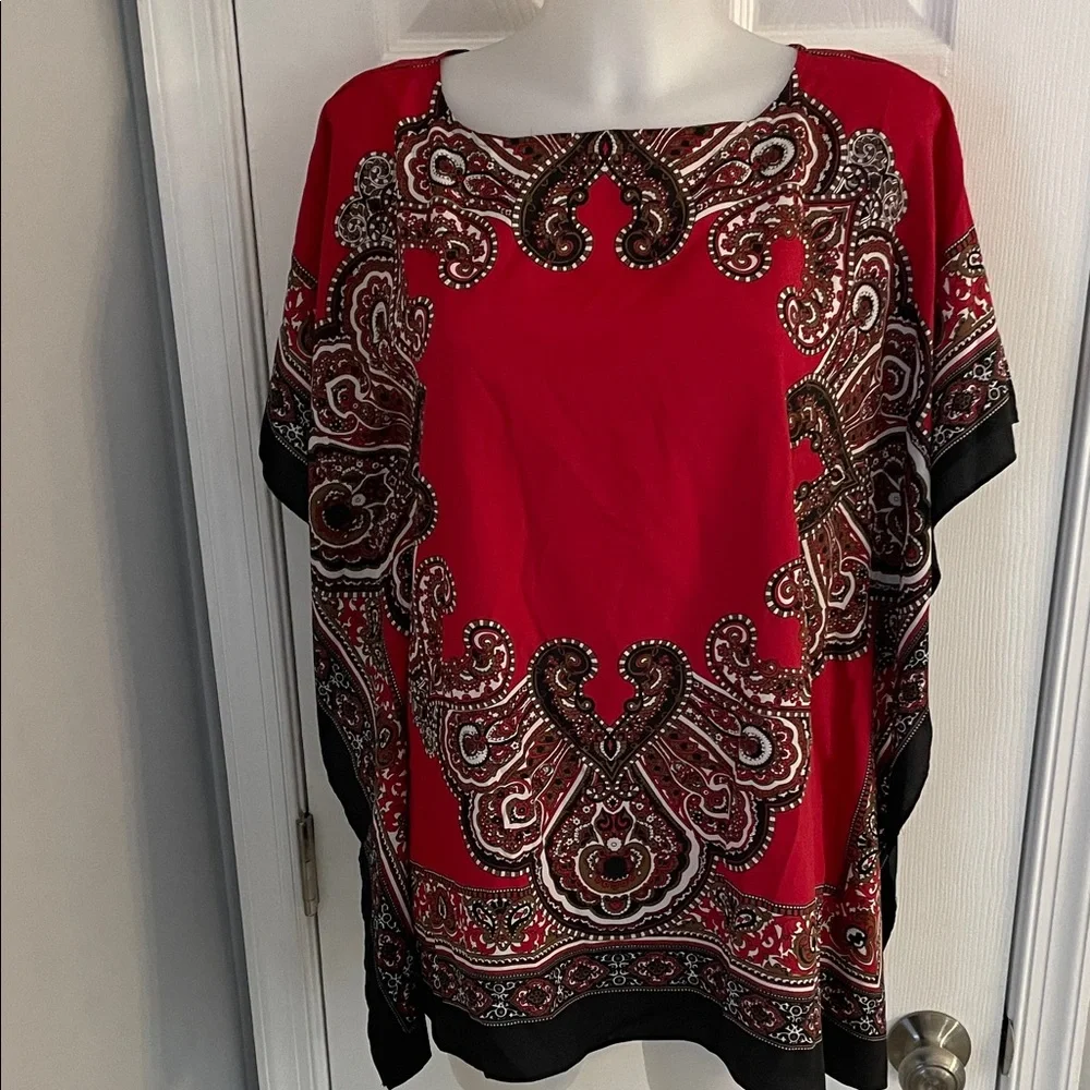 MICHAEL KORS RED & BLACK PAISLEY BLOUSE CAPE PONCHO ONE SIZE FITS MOST